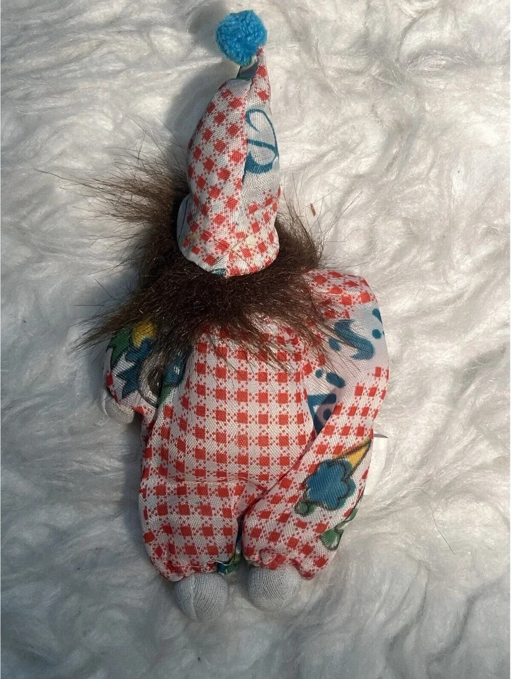 Vintage Porcelain Clown Dolls Sand Bag: Red Checkered Outfit & Brown Hair